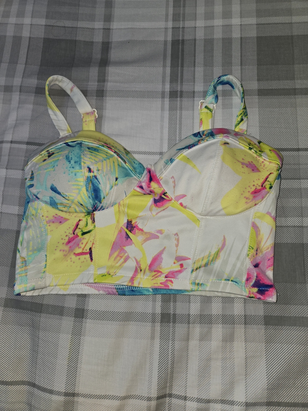 Nicki Minaj Floral Bustier Top in White, Yellow, Pink, Blue